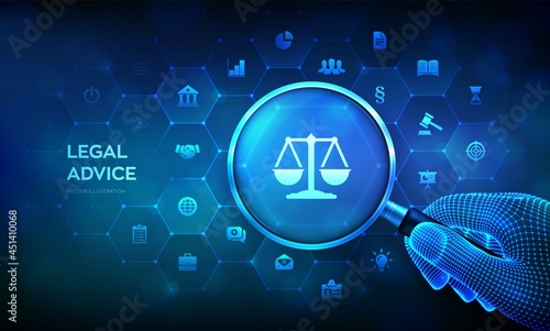 Labor law, Lawyer, Attorney at law, Legal advice concept with magnifier in wireframe hand and icons. Internet law and cyberlaw as digital legal services or online lawyer advice. Vector illustration.