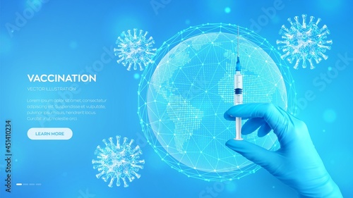 Hand in medical blue glove holding injection syringe with vaccine. COVID-19 coronavirus vaccine. Vaccination or Immunization Campaign. Globe, world map. Stop pandemic concept. Vector illustration.