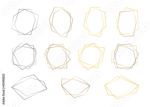 Set geometric frames from gold, silver and bronze color line. Border for invitation, decorative template, cover products. Abstract graphic gradient shapes and elements edging. Vector illustration