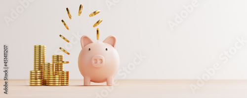 Slika na platnu Golden coins flying and floating to piggy bank for creative financial saving and deposit concept with copy space , 3d render