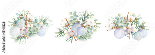 Set of winter watercolor bouquets. Glass Christmas balls, branches of eucalyptus, pine, cotton. Suitable for backgrounds, invitations, posters, etc.
