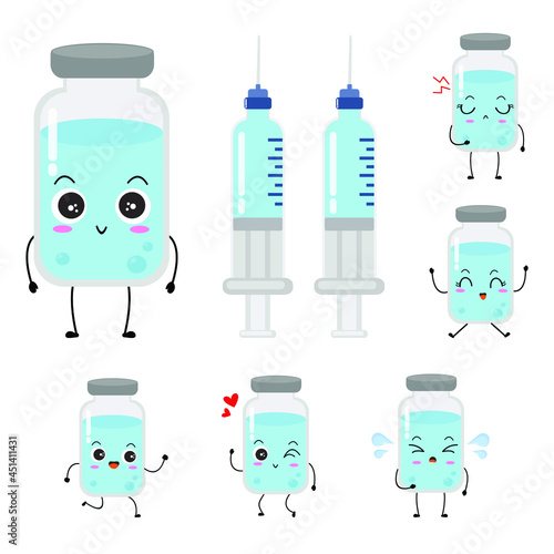 Set of the cute vector of vaccine bottle character. Vaccination fight coronavirus (2019-nCoV), Alcohol gel for against COVID-19, Protection from viruses attack, smile, injection, isolated on white 