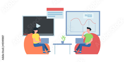 Online Conference. Group video chat. Remote team work. Flat Style. Diverse people participating in the online conference call. Friends meeting up online. Team working from home via videocall