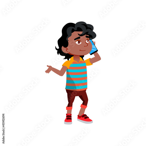 Boy Kid Calling And Talking On Smartphone Vector. African Child Call And Talk With Parents Or Friends On Smartphone Digital Device. Character Communication Flat Cartoon Illustration