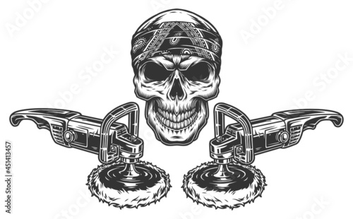 Skull in bandana and polishing machines