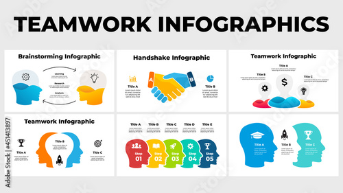 Teamwork business infographics. Presentation slide template. Creative thinking. Group of people collaboration. Brainstorming, educational concept. Generating idea light bulb layout. 