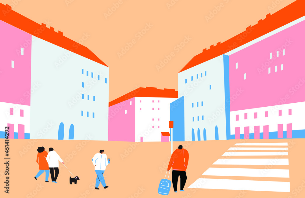 People in the big city. Vector cartoon flat illustrations. People on the city streets. Freehand drawings for poster, card and cover. Landscape city center with many building.