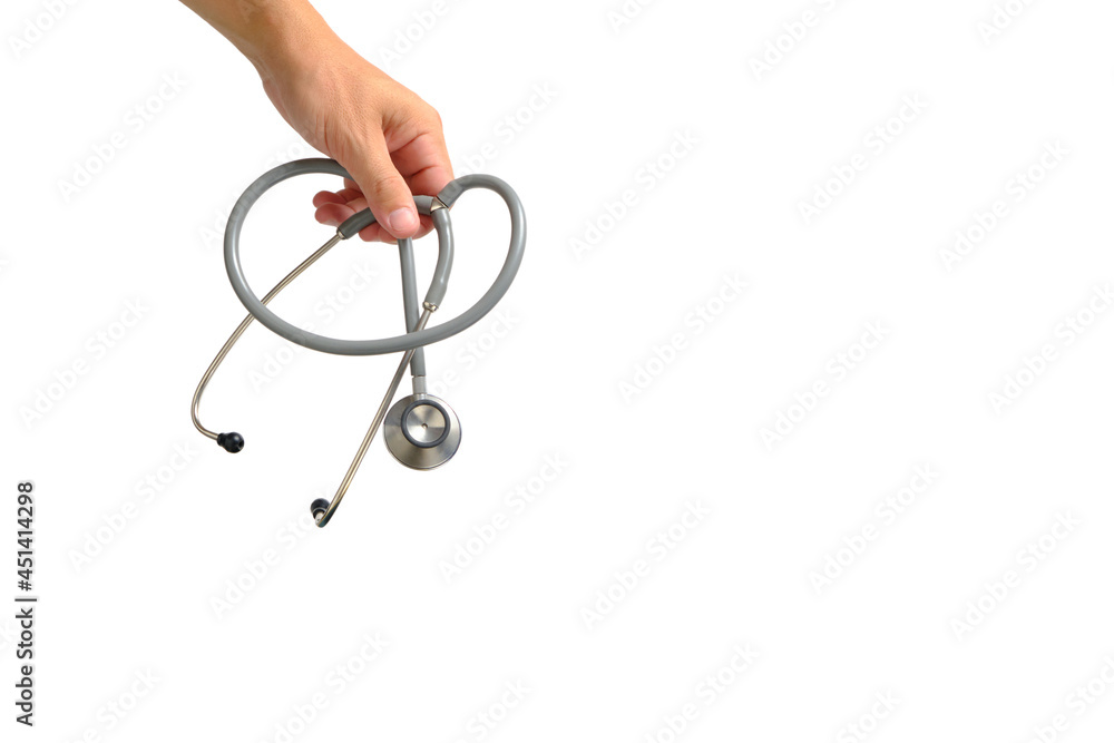Stethoscope medical device in male hand doctor on white background, an isolate. Stethoscope medical device in male hand doctor on white background, an isolate.
