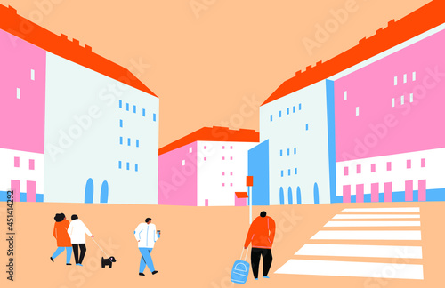 People in the big city. Vector cartoon flat illustrations. People on the city streets. Freehand drawings for poster, card and cover. Landscape city center with many building.