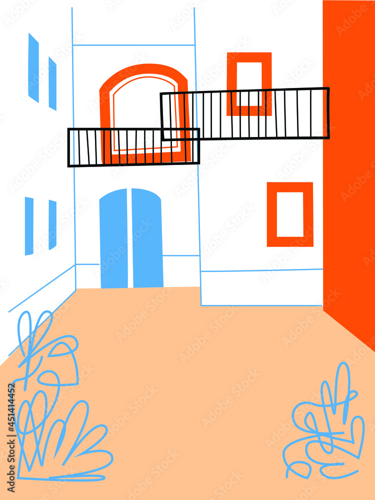 Fototapeta premium Abstract architecture background geometric style. Urban landscape drawing vector. Cartoon vector buildings illustration.Trendy homes with windows, roof. Colored flat vector illustration.Travel art.