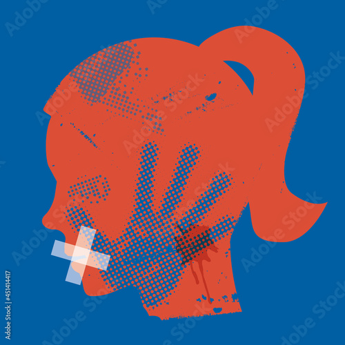 Violence against woman.
Stylized Female silhouette with hand print on the face and with taped mouth. Vector available.