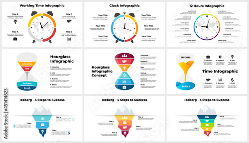 Vector time infographic. Clock circle diagram. Hourglass chart. Iceberg conceptual banner. Presentation slide template. Alarm concept with 6 options.