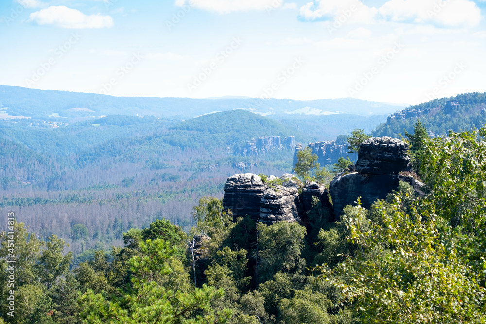 Fototapeta premium sunny day, mountain heights, and a lot of forest