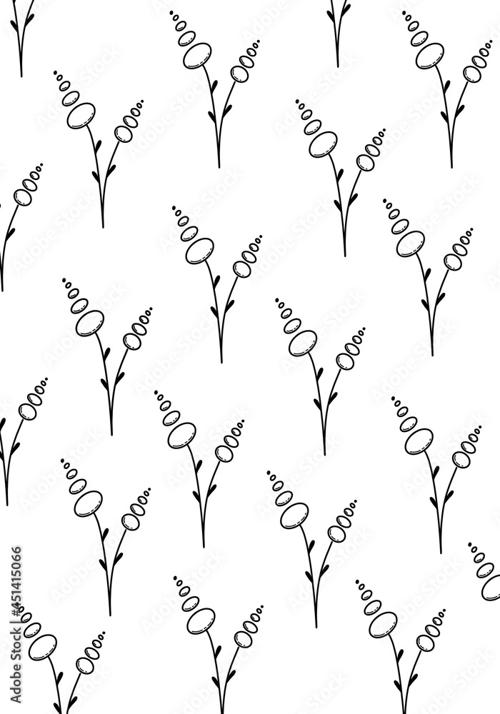Flower doodle pattern. Black and white botany pattern. Textiles