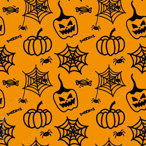 Vector halloween seamless pattern with pumpkin, sweets, spider web and spider. Cute illustration for seasonal design, textile, decoration kids playroom or greeting card. Hand drawn prints and doodle.
