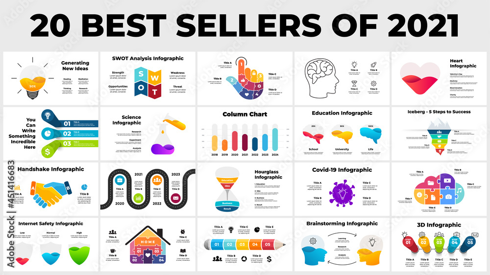 20 best sellers of 2021. Infographic presentation templates. From business, creative thinking and digital to education, medicine or science. Diagrams, charts, illustrations collection. 