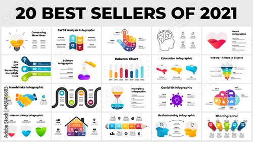 20 best sellers of 2021. Infographic presentation templates. From business, creative thinking and digital to education, medicine or science. Diagrams, charts, illustrations collection. 