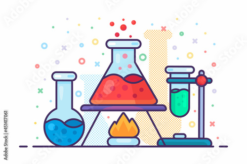 Chemistry liquid flask on burning fire icon vector photo