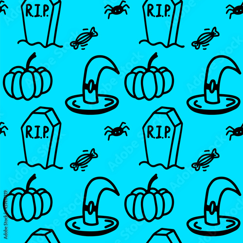 Vector halloween seamless pattern of pumpkins, sweets pumpkin, candy, cemetery, grave, witch hat. Funny, cute illustration for seasonal design, textile, decoration kids playroom or greeting card. 