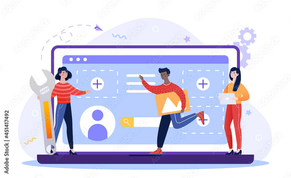 Team of people. People developing new website, exploring technologies. Team creates application for phones and computers with video. Cartoon flat vector illustration isolated on a white background Team of people. People developing new website, exploring technologies. Team creates application for phones and computers with video. Cartoon flat vector illustration isolated on a white background