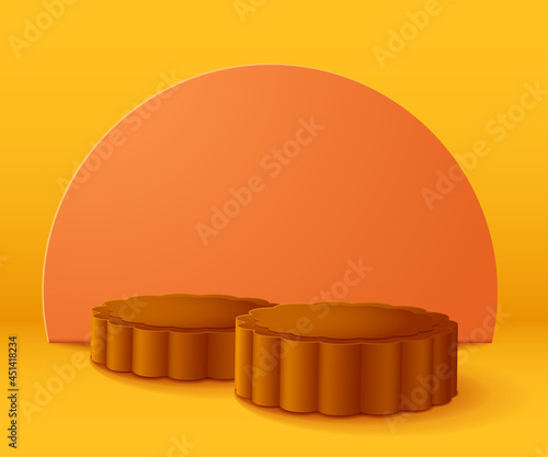 3D illustration of Mid Autumn Mooncake shape podium stage with round blank card isolated on plain background.