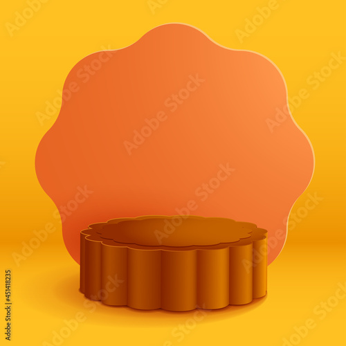 3D illustration of Mid Autumn Mooncake shape podium stage with flower shape blank card isolated on plain background.