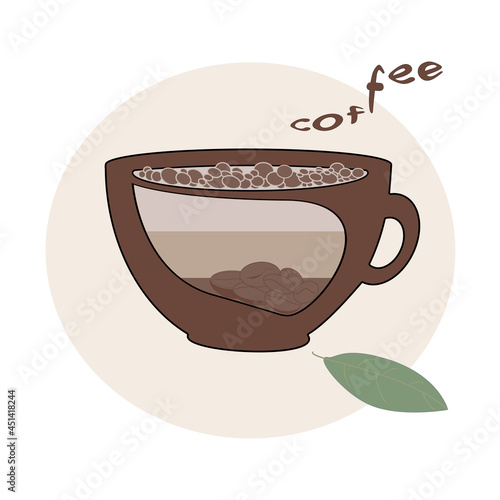brown coffee mug with beans in flat style