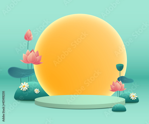 3D illustration of podium stage scene with paper graphic style of lotus lily pond and round blank card. Mid Autumn Mooncake festival background.