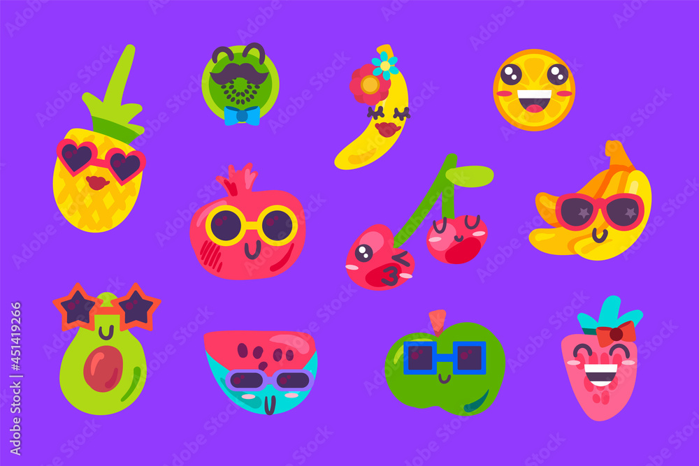 Summer fruits emoji emotion collection set vector Summer fruits emoji emotion collection set vector