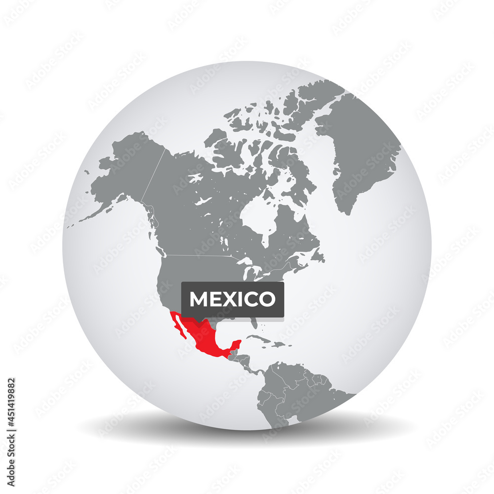 World globe map with the identication of Mexico. Map of Mexico. Mexico on grey political 3D globe. North and central america map. Vector stock.