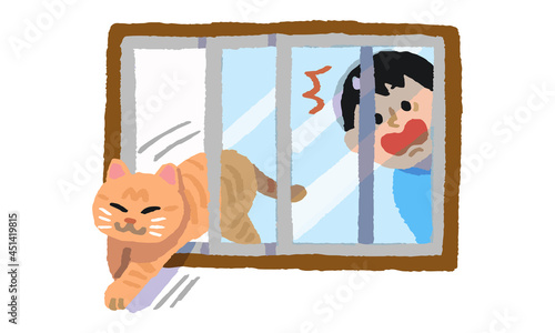 窓の隙間から逃げ出す猫と驚く男性