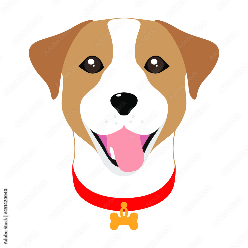 A smiling Jack Russell dog in a red collar with a pendant. Icon, image, button, element, web design. Isolated vector illustration on white background A smiling Jack Russell dog in a red collar with a pendant. Icon, image, button, element, web design. Isolated vector illustration on white background
