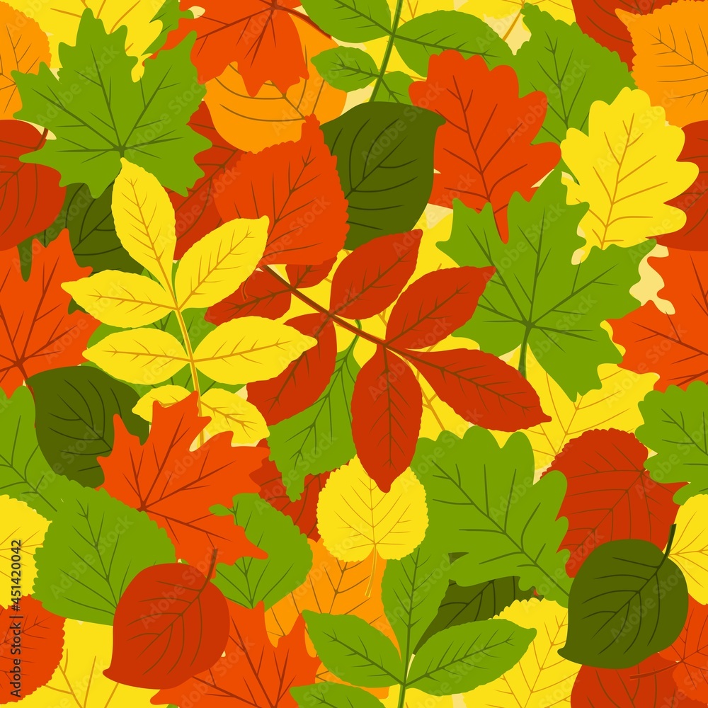 The pattern is fashionable on an autumn theme. The leaves are oak, birch, aspen, maple. Space for copying. Applicable for printing, posters, postcards, websites. Vector illustration. The pattern is fashionable on an autumn theme. The leaves are oak, birch, aspen, maple. Space for copying. Applicable for printing, posters, postcards, websites. Vector illustration.