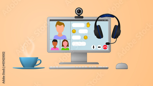 Concept for online video chat, video conferencing. Computer with open video chat, video conference. Web vector illustration.