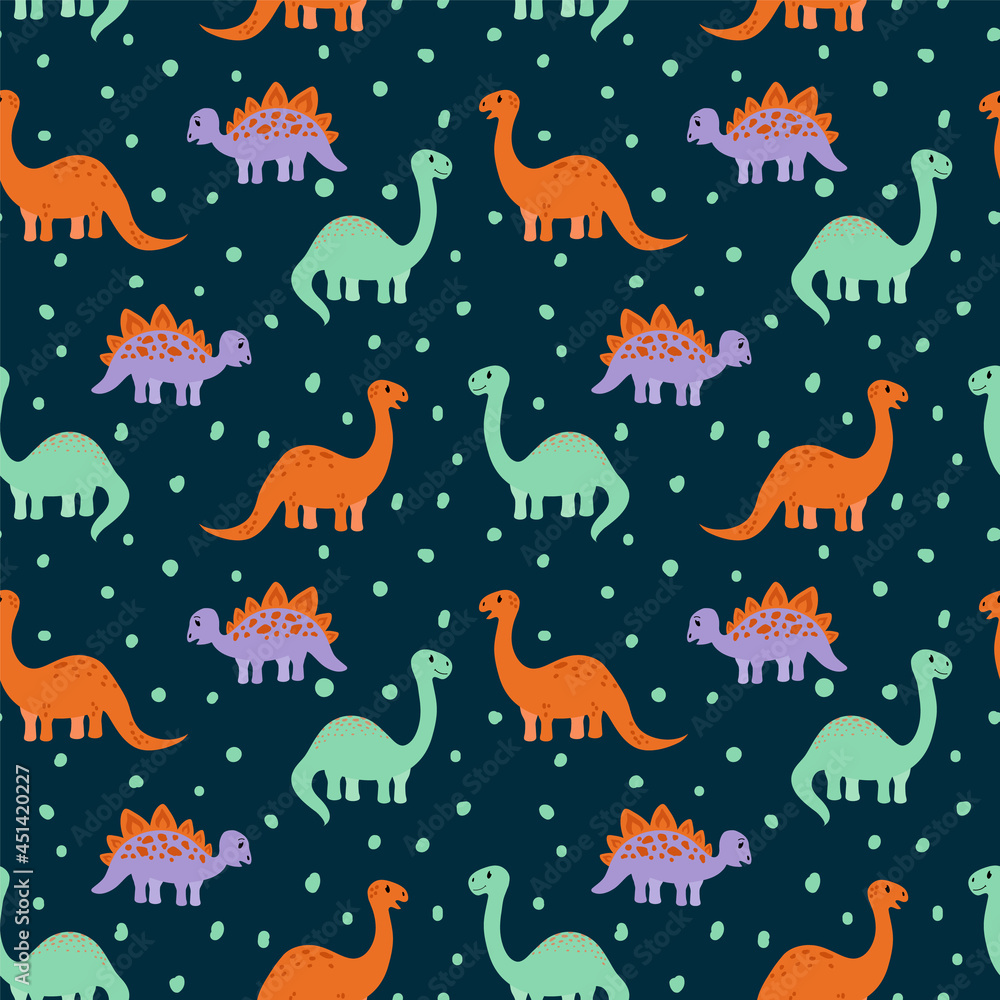 A pattern with cute dinosaurs. Children's Fund of wild animals doodle. Cartoon characters for textiles. Vector illustration A pattern with cute dinosaurs. Children's Fund of wild animals doodle. Cartoon characters for textiles. Vector illustration