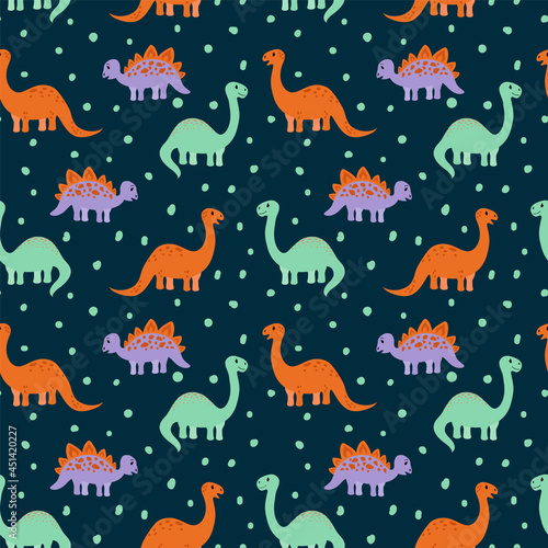 A pattern with cute dinosaurs. Children s Fund of wild animals doodle. Cartoon characters for textiles. Vector illustration