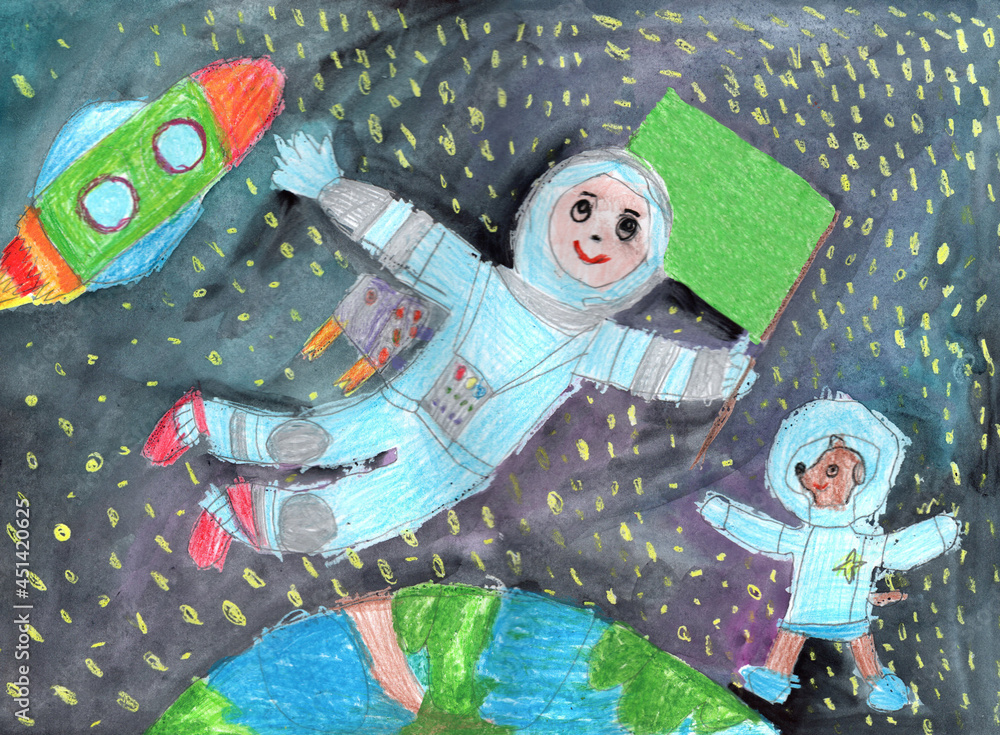 Obraz premium Watercolor children drawing space planet rocket