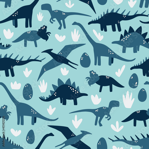 Blue and turquoise dinosaur seamless pattern with dino eggs and cute plants