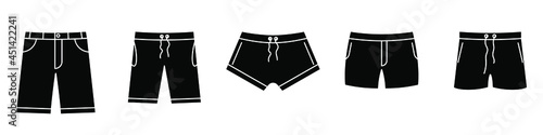 Swimming trunks icon. Set of black shorts icons. Vector illustration. Swimming trunks vector icons.