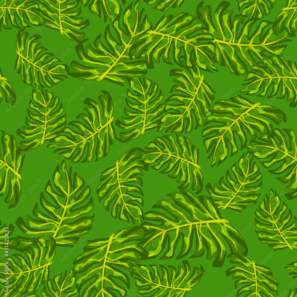 Decorative seamless pattern with random green monstera leaves ornament. Simple ornament.