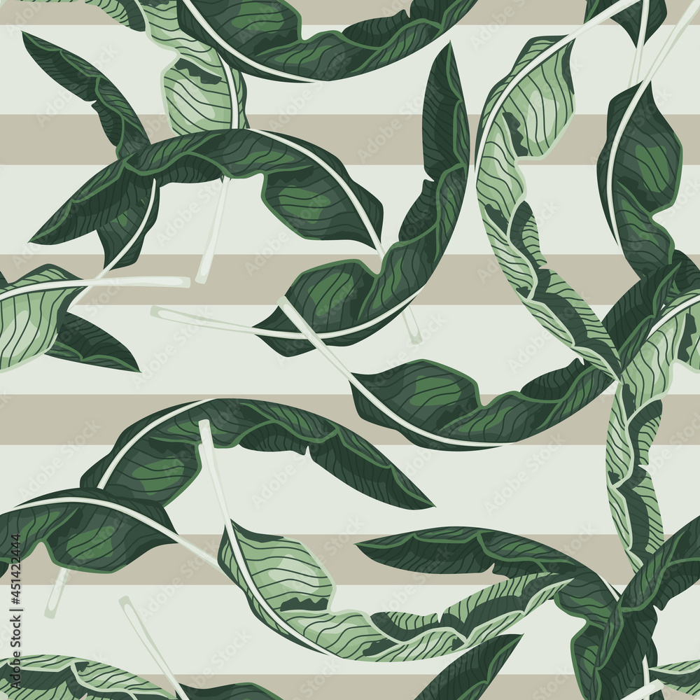 Random tropical leaves silhouettes seamless floral pattern. Pastel striped background. Simple style.