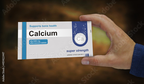 Calcium tablets box pack in hand 3d illustration