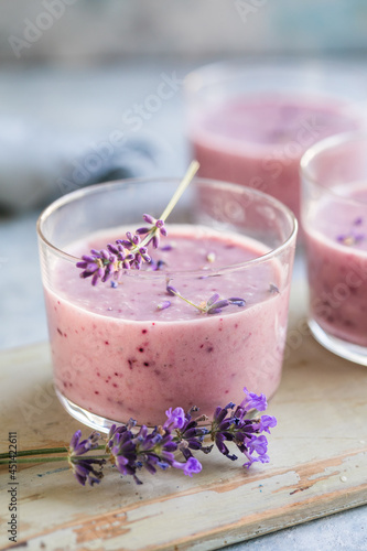 smoothie with blueberries and lavender at summertime