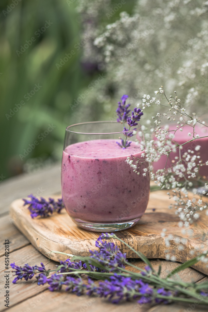 Lavender smoothie with coconut milk, blueberry. Vegan beverage Lavender smoothie with coconut milk, blueberry. Vegan beverage