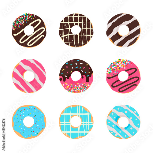 Donut vector Circle donuts with colorful holes covered in delicious chocolate.