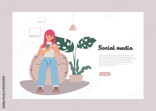 Young woman characters using mobile phones. Social media concept background.