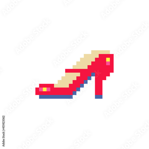Red shoe. Pixel art shoes icon set. Women s accessories. Isolated vector illustration. Design for stickers  logo  embroidery  mobile app.