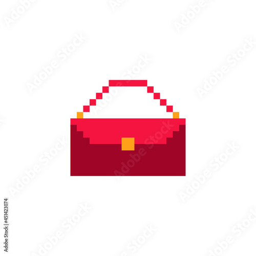 Red handbag, woman bag pixel art icon. Shop symbol design for logo, sticker, mobile app, website, badges and patches. 8-bit sprite. Isolated vector illustration.