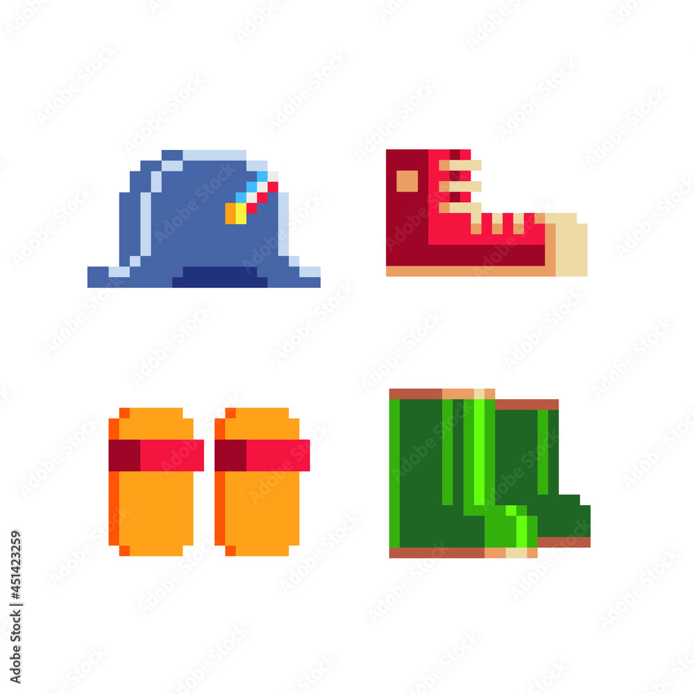 Pixel art shoes icon set. Boots and sneakers, flip flops isolated ...
