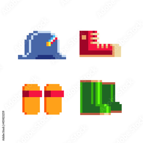 Pixel art shoes icon set. Boots and sneakers, flip flops isolated vector illustration. Design for stickers, logo, embroidery, mobile app.